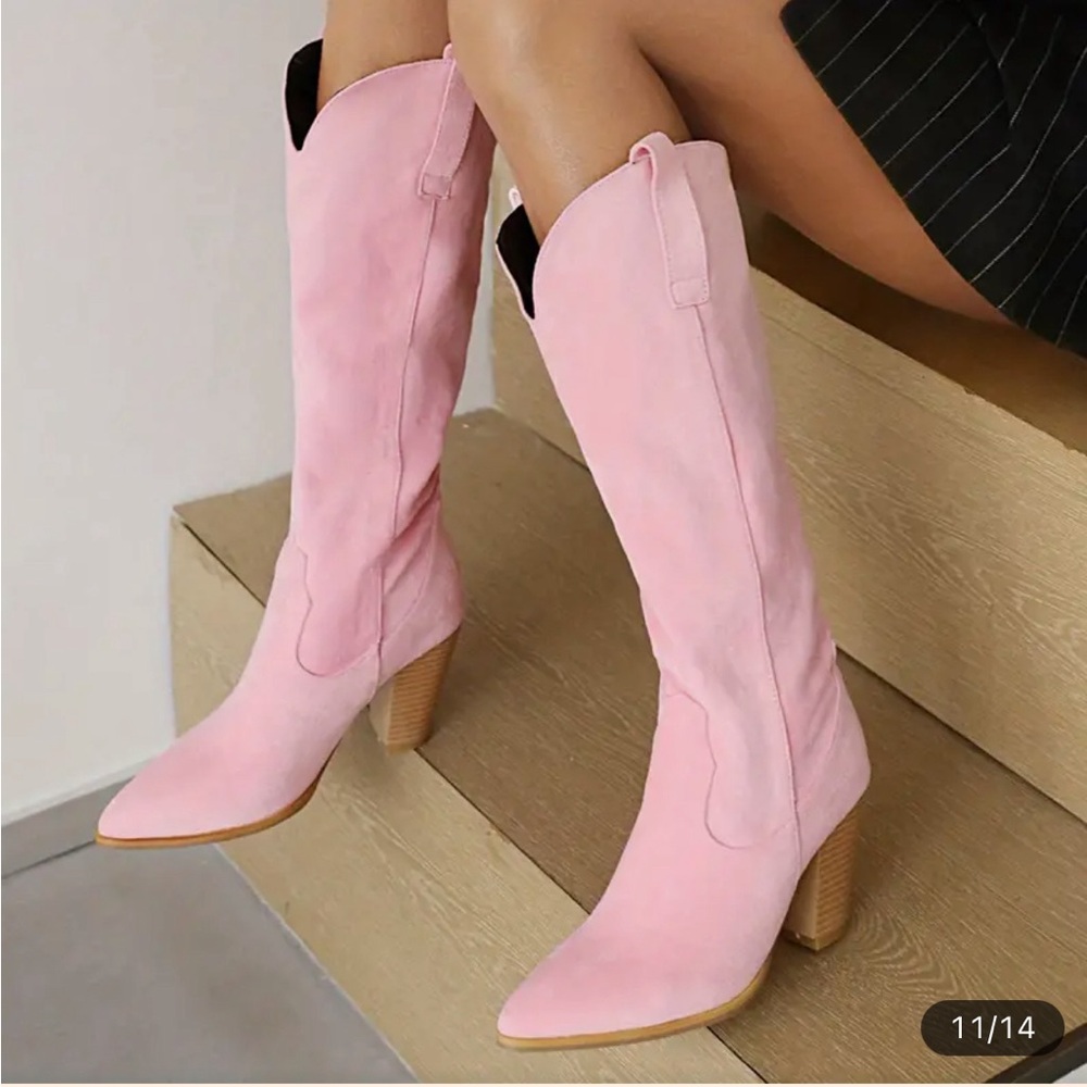 Women's High Heeled Long Boots, Pointed Toe V-cut Pull On Cowboy Boots